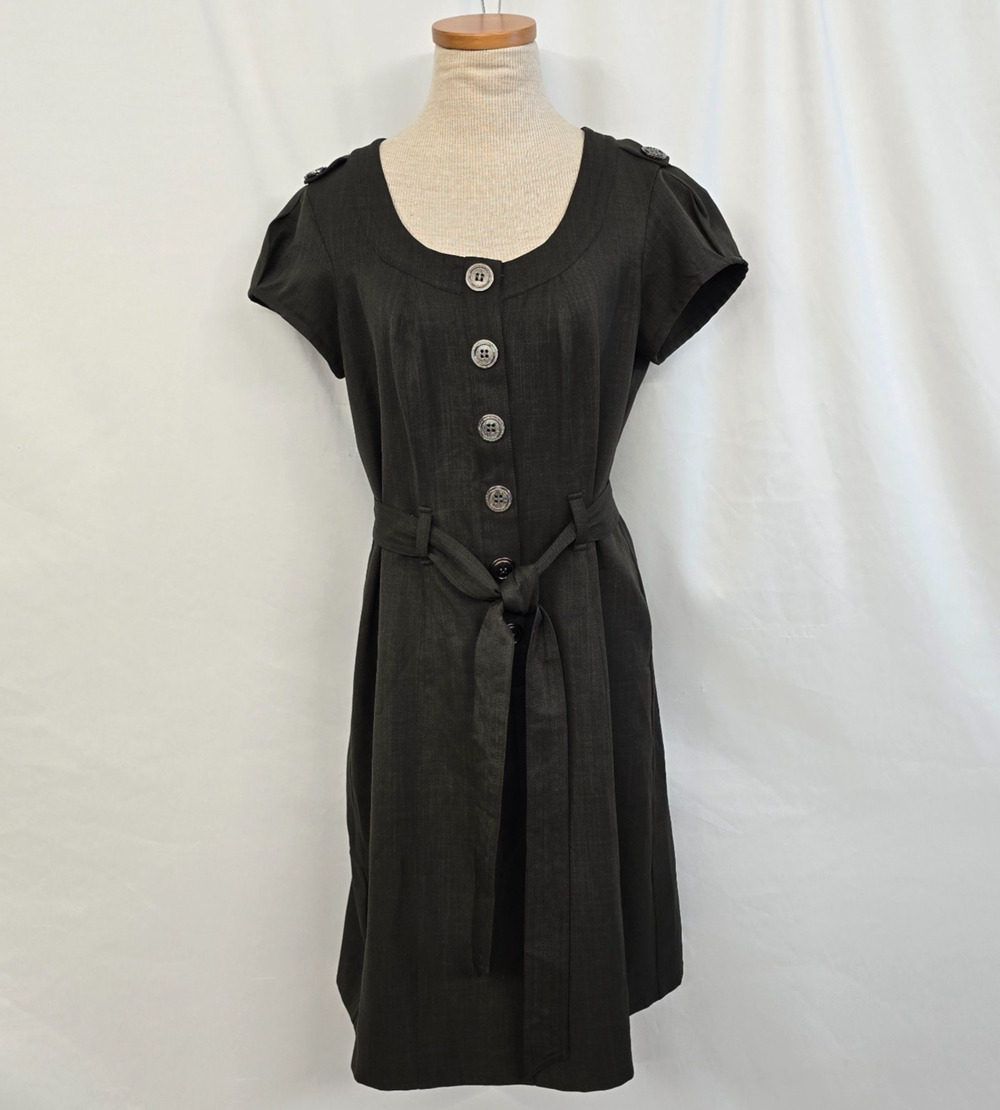 Robbie Bee Signature Dress Women's 6 Olive Green Belted Buttons Cap Sleeve